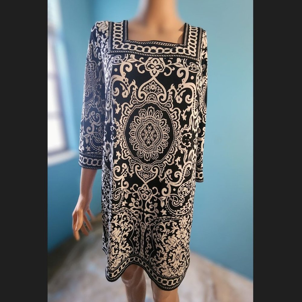 ANN TAYLOR LOFT Black & White Medallion Paisley Print Sheath Dress, Size…